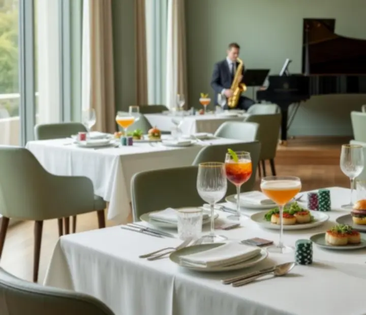 Jasna, elegancka sala restauracyjna przygotowana na wieczór pokerowy