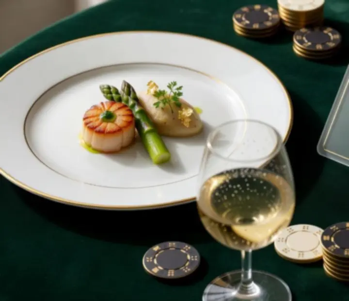 Degustacyjne dania i żetony pokerowe ułożone na eleganckim stole restauracyjnym