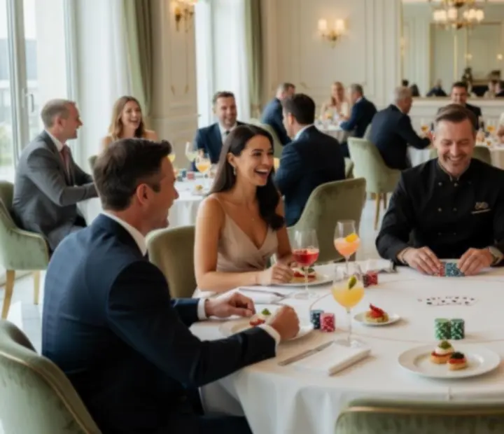 Goście przy eleganckim stole restauracyjnym grający w pokera i degustujący finezyjne dania