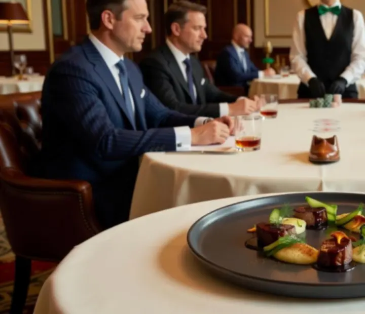 Degustacyjne dania i karty pokerowe na elegancko nakrytym stole w jasnej restauracji