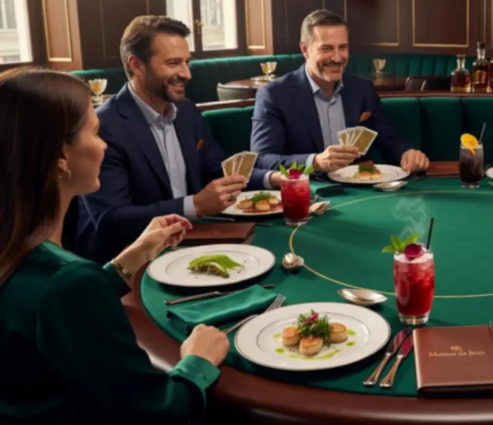 Fine diningowe danie i karty do gry na eleganckim stole w restauracji