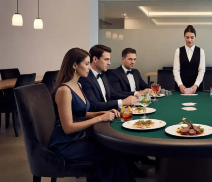Goście przy eleganckich stołach pokerowych w jasnej restauracji, serwowane są wykwintne dania i koktajle