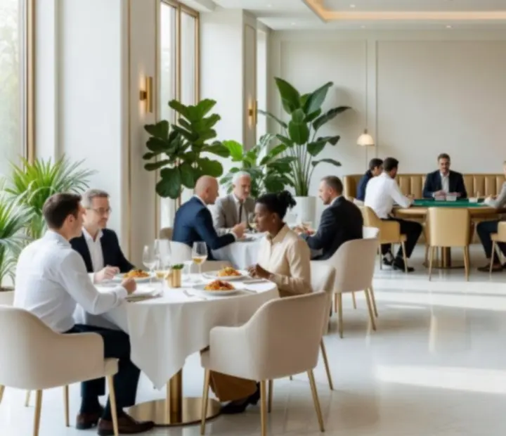 Jasna sala restauracyjna z elegancko nakrytymi stolikami, przygotowana na wieczór pokerowy