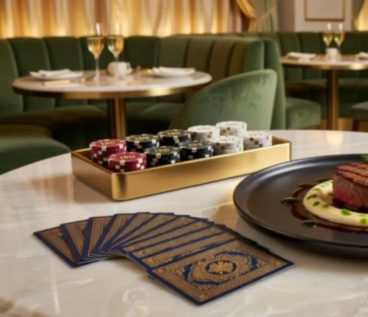 Karty do gry obok wykwintnych potraw i koktajli w eleganckiej restauracji