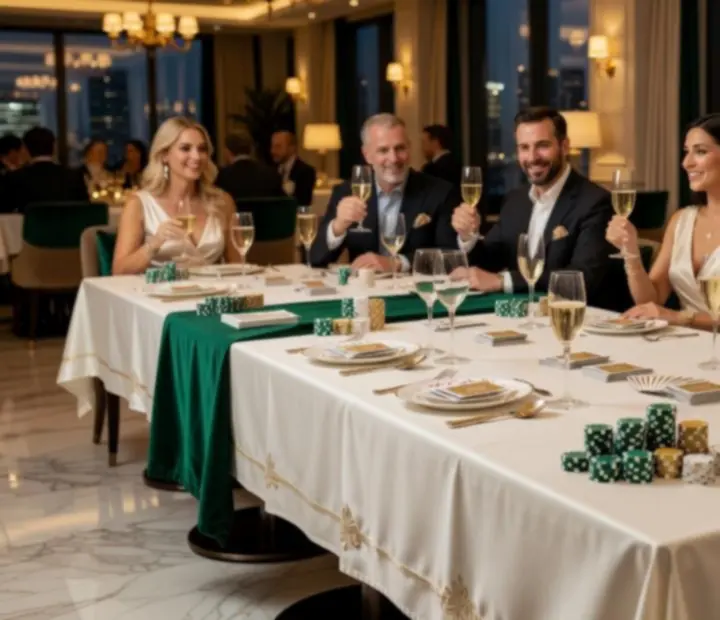 Elegancki stół restauracyjny łączący fine dining z pokerem przy świecach
