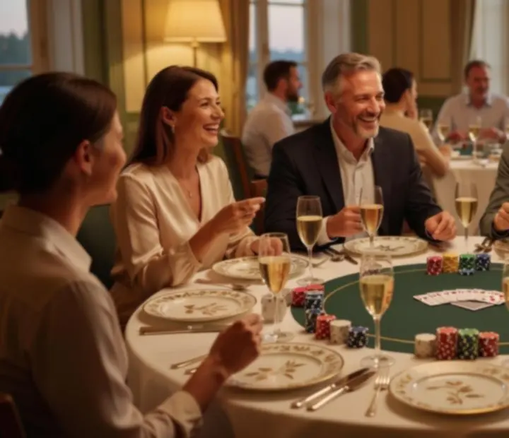 Elegancki stół z kartami pokerowymi i degustacyjnymi daniami w restauracji