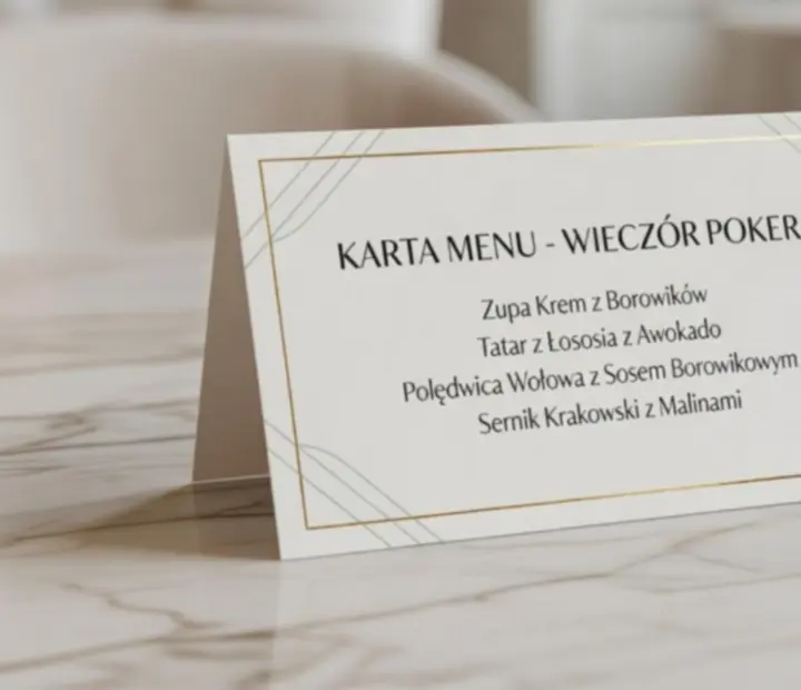 Personalizowana karta degustacyjnego menu pokerowego z datą wydarzenia
