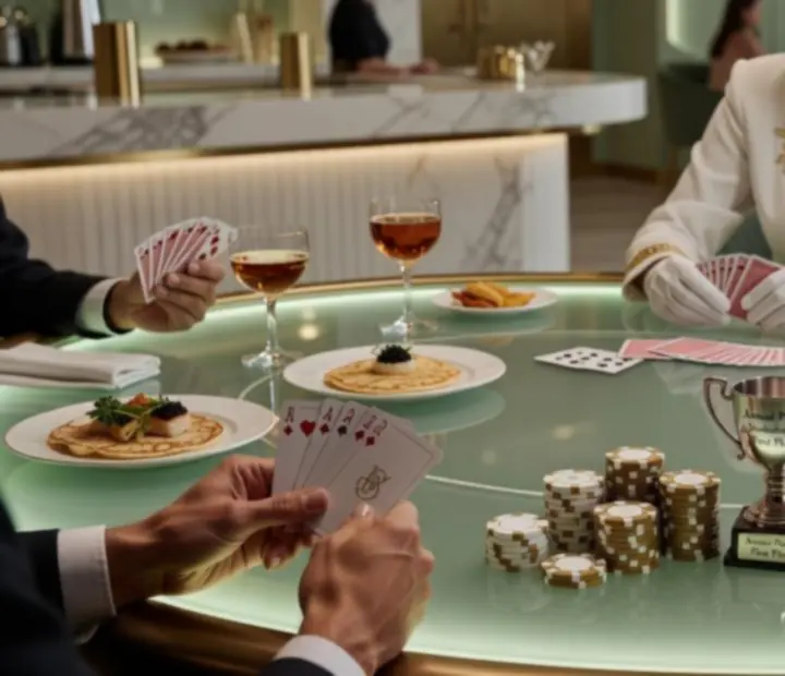 Goście przy nowoczesnym stole pokerowym w jasnej sali restauracyjnej