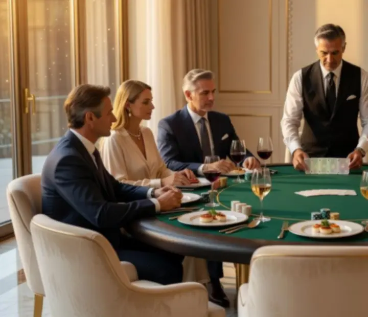 Goście przy pokerowych stołach w eleganckiej restauracji podczas kolacji degustacyjnej