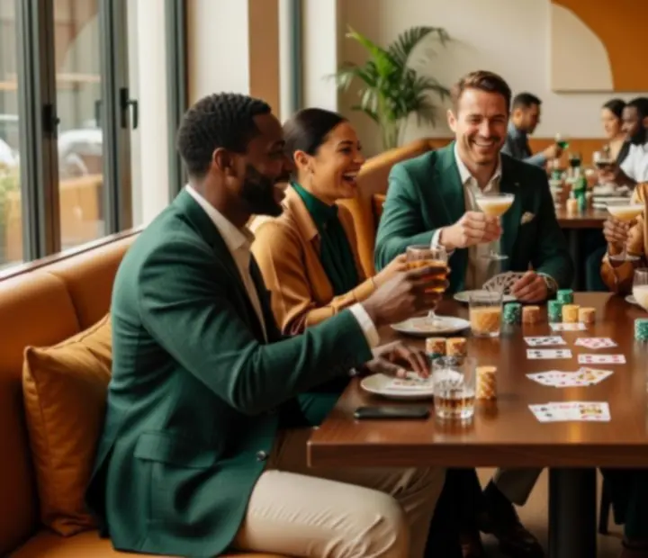 Goście bawiący się przy pokerowych stołach w eleganckiej, jasno oświetlonej restauracji