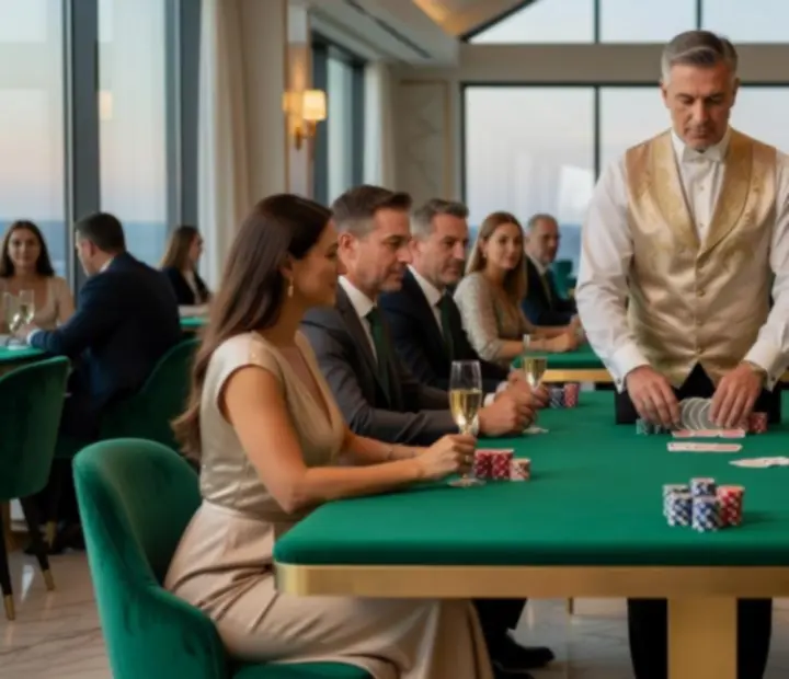 Profesjonalny krupier prowadzący rekreacyjną rozgrywkę pokerową przy eleganckim stole