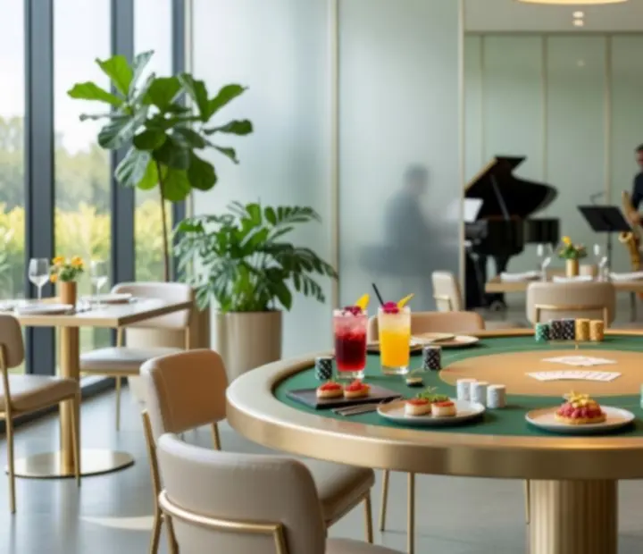 Jasne, eleganckie wnętrze restauracji z przygotowanym stołem pokerowym i daniami degustacyjnymi