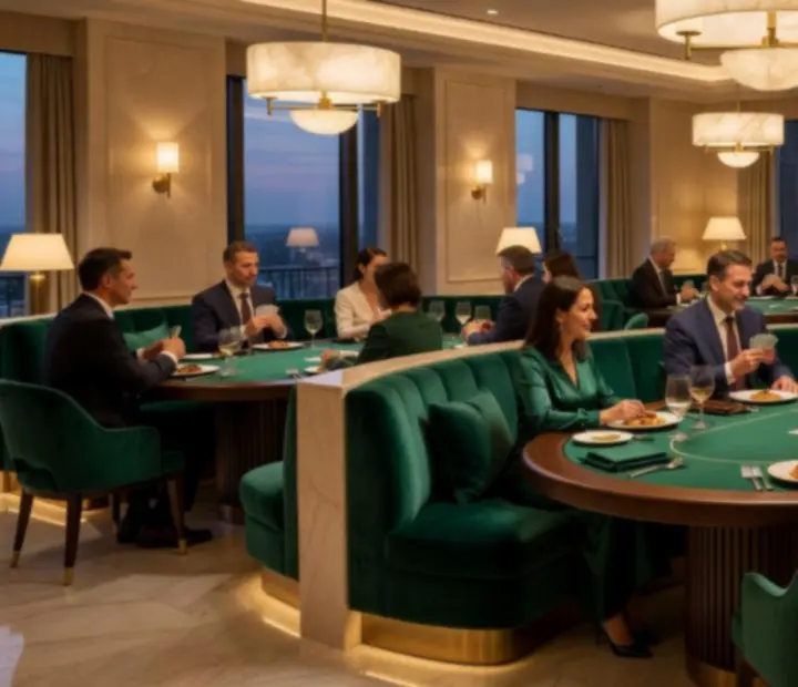 Jasna sala restauracyjna z elegancko nakrytymi stolami pokerowymi i kolacją
